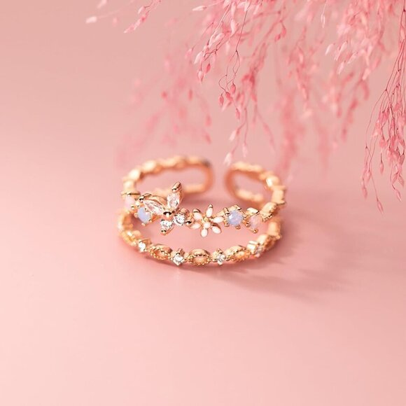 Sterling Silver Butterfly Daisy Ring 14K Gold Plated Colorful Opal CZ Fashion - Picture 5 of 6